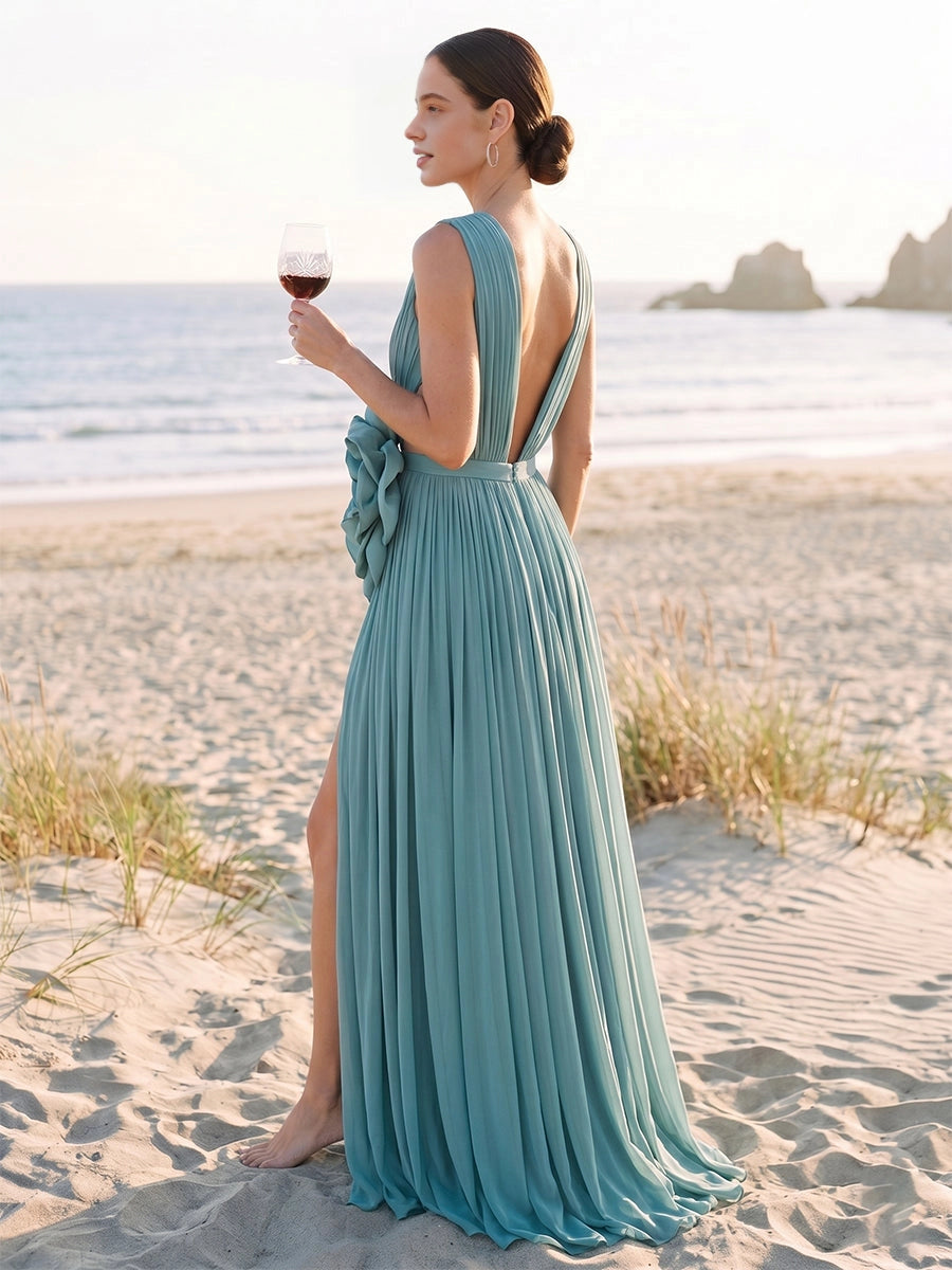 Vedress dusty teal chiffon formal gown,back view deep V‑back,sleeveless design,flowy pleated long skirt,elegant mother of the bride evening dress,seaside scenery
