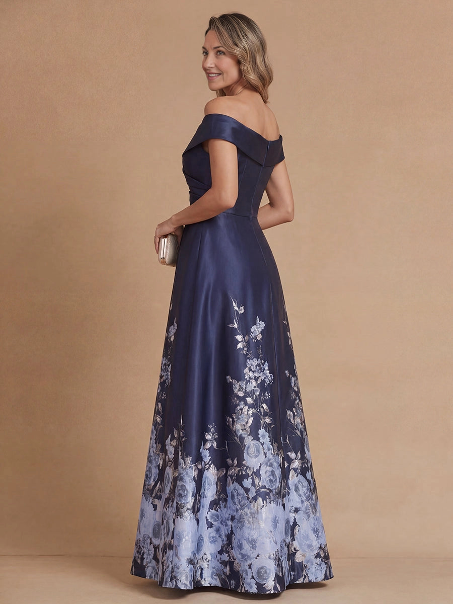Zip‑back navy satin floral formal long mother of bride evening gown