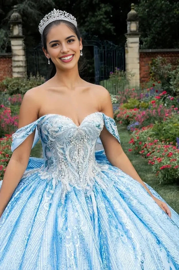 Ombre Ball Gown Sweetheart Off Shoulder Corset Back Train Quinceañera Dress