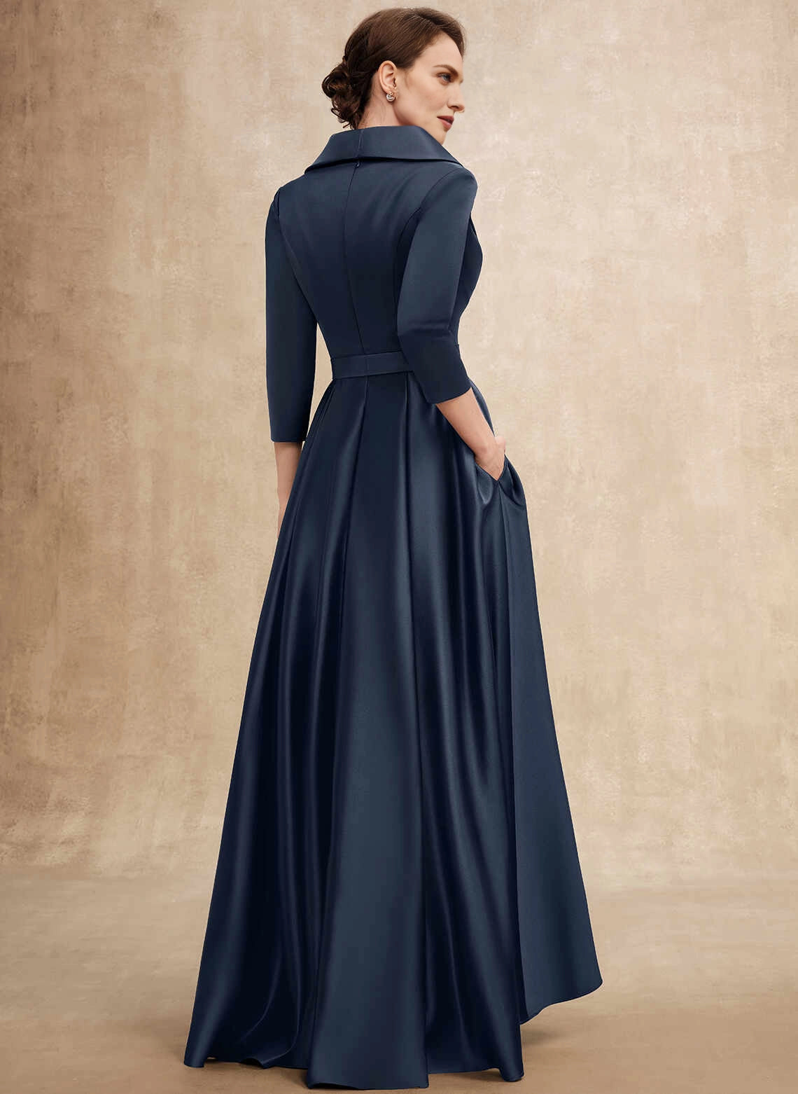 Vedress 3/4 Sleeve Zipper‑Back Satin Formal Evening Gown Back View