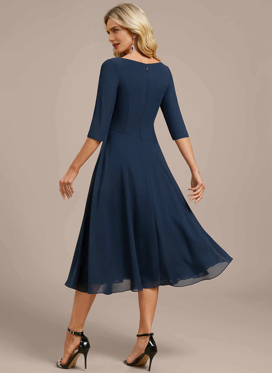 Vedress Solid Chiffon Invisible Zipper Back Midi Evening Dress Back View