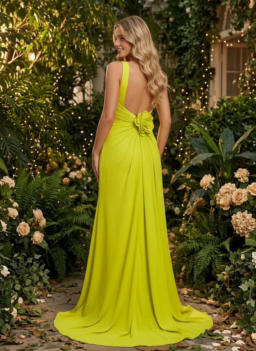 Back‑view Vedress twisted open‑back bridesmaid dress with 3D flower ornament