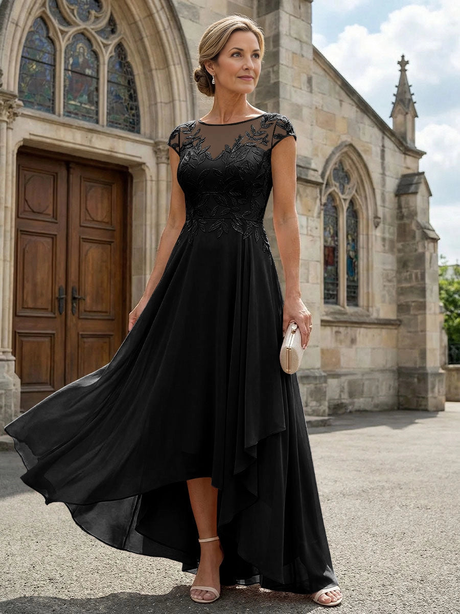 Delicate A‑Line Illusion Neck Cap Sleeve V‑Back High‑Low Mother Of The Bride Dress