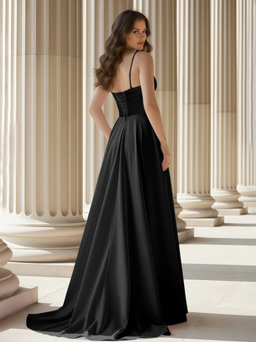 Vestido de Noche de Satén Acampanado con Corpiño Corsé de Tirantes y Cola - Vestido Formal para Fiesta de Graduación e Invitada de Boda