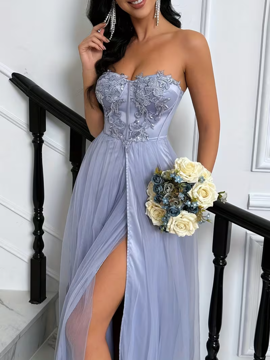 Strapless Beaded Elegant Appliqué Strapless High-Slit Tulle Hem Evening Dress Bridesmaids Corset Gown with High Slit