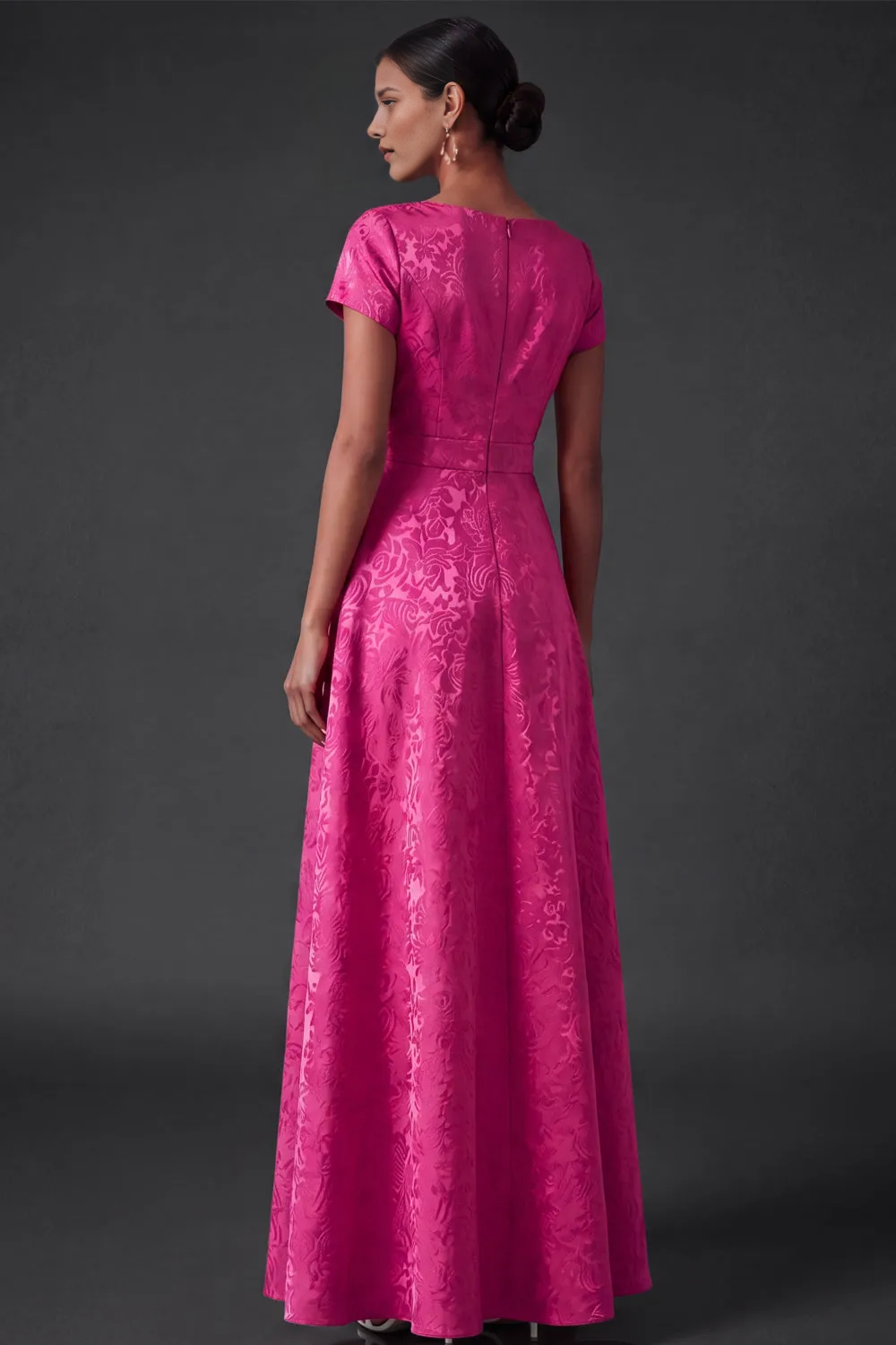 Bateau Neck Short Sleeve Solid Jacquard A-Line Maxi Dress with Waist Bow