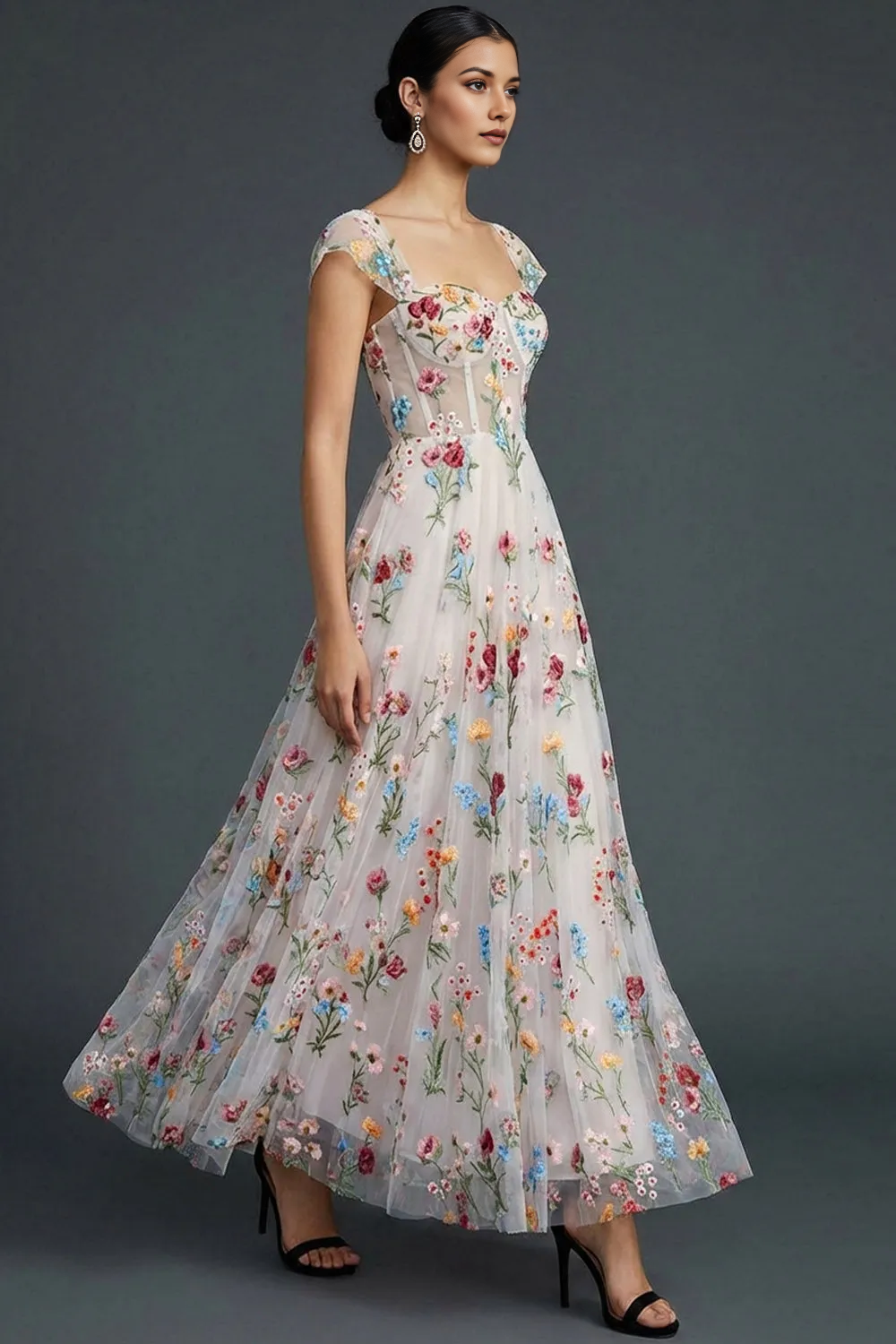 Sweetheart Cap Sleeve Floral Embroidered Tulle Corset A-Line Maxi Dress