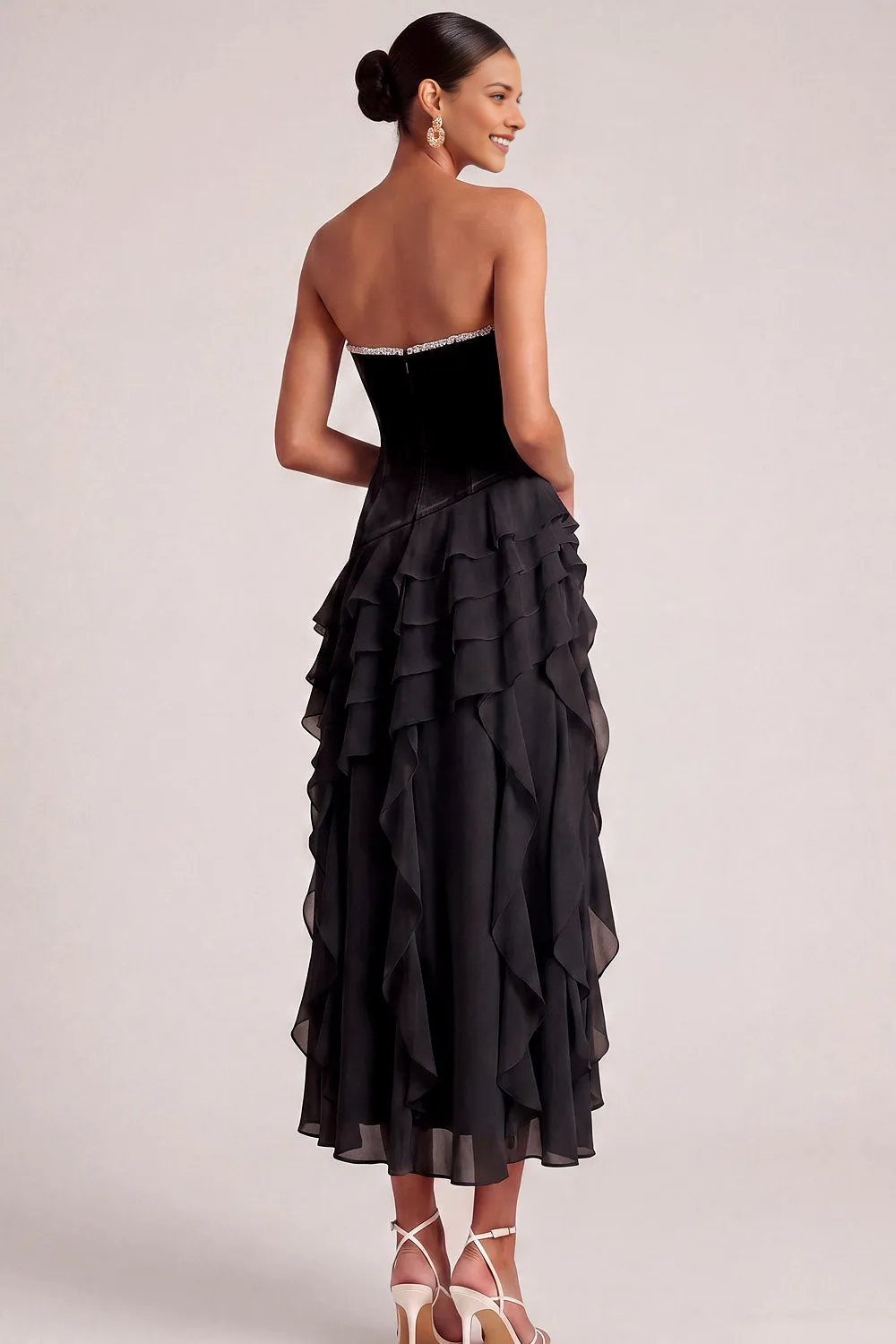 Strapless Rhinestone Sweetheart Velvet High Low Ruffle Chiffon Formal Prom Dress