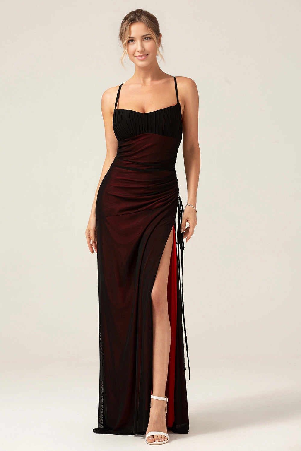 Sheath Spaghetti Straps Lace-Up Back Slit Long Wedding Guest Dress