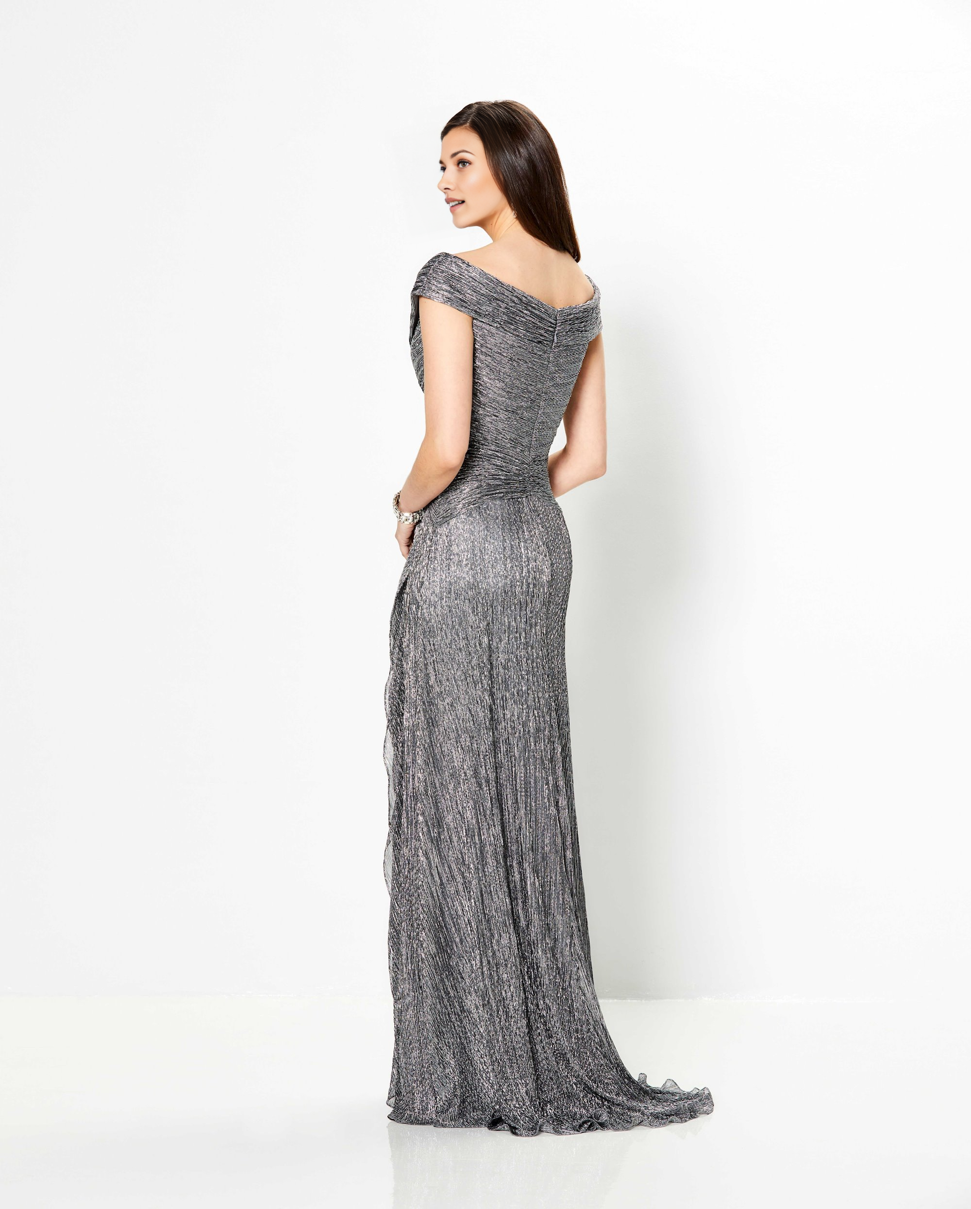 Off-the-Shoulder Metallic Evening Gown - Twist Waist Floor-Length Formal Dress