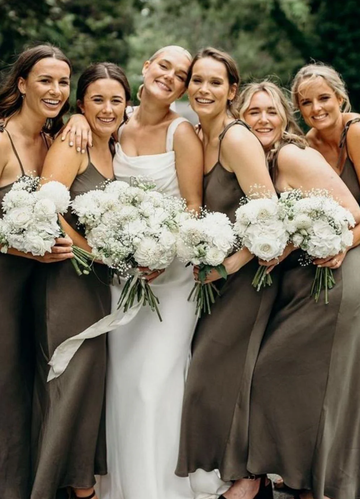 A Line Spaghetti Straps Green Satin Charmeuse Tea Length Bridesmaid Dress Party Wedding Guest Dresses