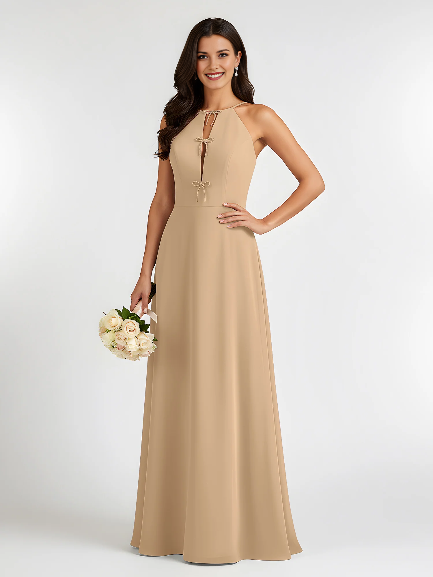 Halter Neck Chiffon Bridesmaid Dress with Bow Keyhole Detail