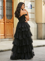 Off-the-Shoulder Lace Applique Tiered Tulle Evening Gown with High Slit - Formal Prom & Wedding Guest Dress