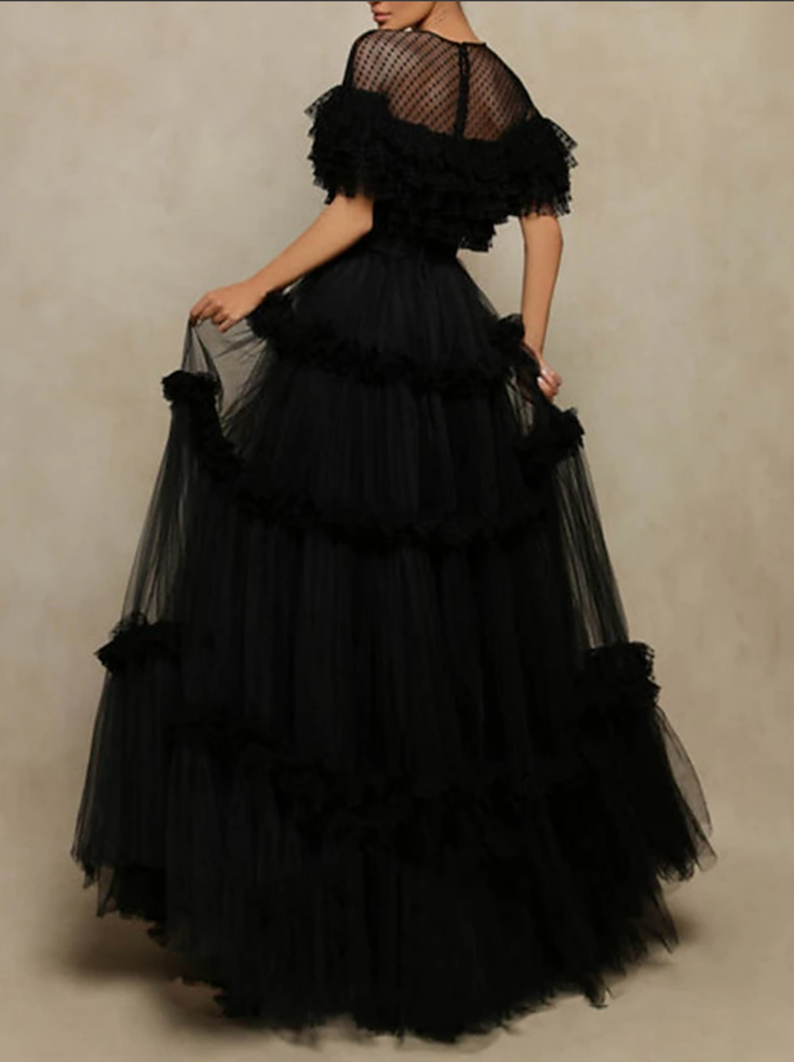 Vestidos de Fiesta de Princesa con Línea A Elegantes de Manga Corta Cuello Joya de Tul Formal con Pliegues y Volantes