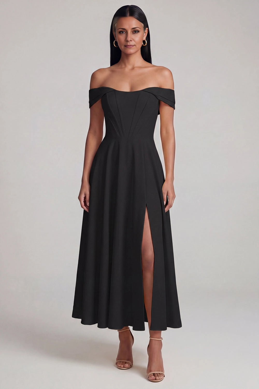 Charming A-Line Off Shoulder Short Sleeve Back Zip Midi Wedding Guest Dress
