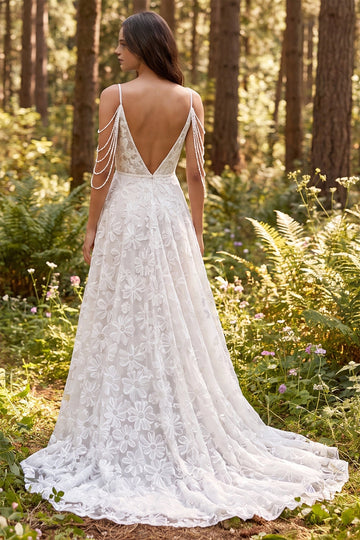 Vedress plunging v back floral lace wedding dress pearl fringe straps sweep train forest backdrop