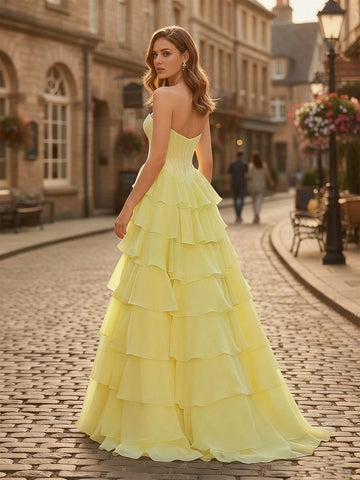 vedress butter yellow sweetheart bustier tiered ruffle open back formal evening gown