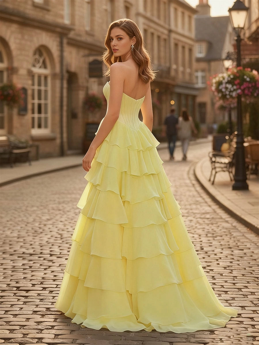 Roselle Dress pale yellow formal dress strapless corset plain back tiered long prom dress rear view