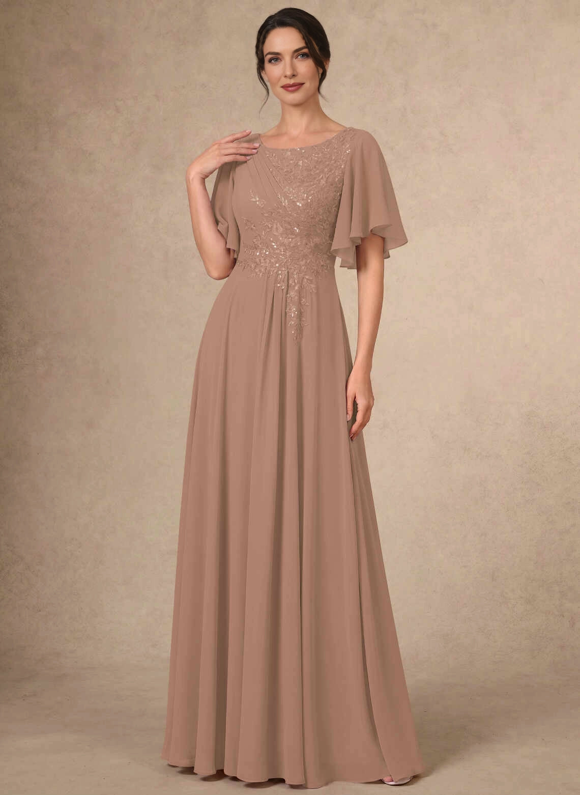 Modest A‑Line Bateau Neck Flutter Sleeve Solid Back Long Mother Of The Bride Dress