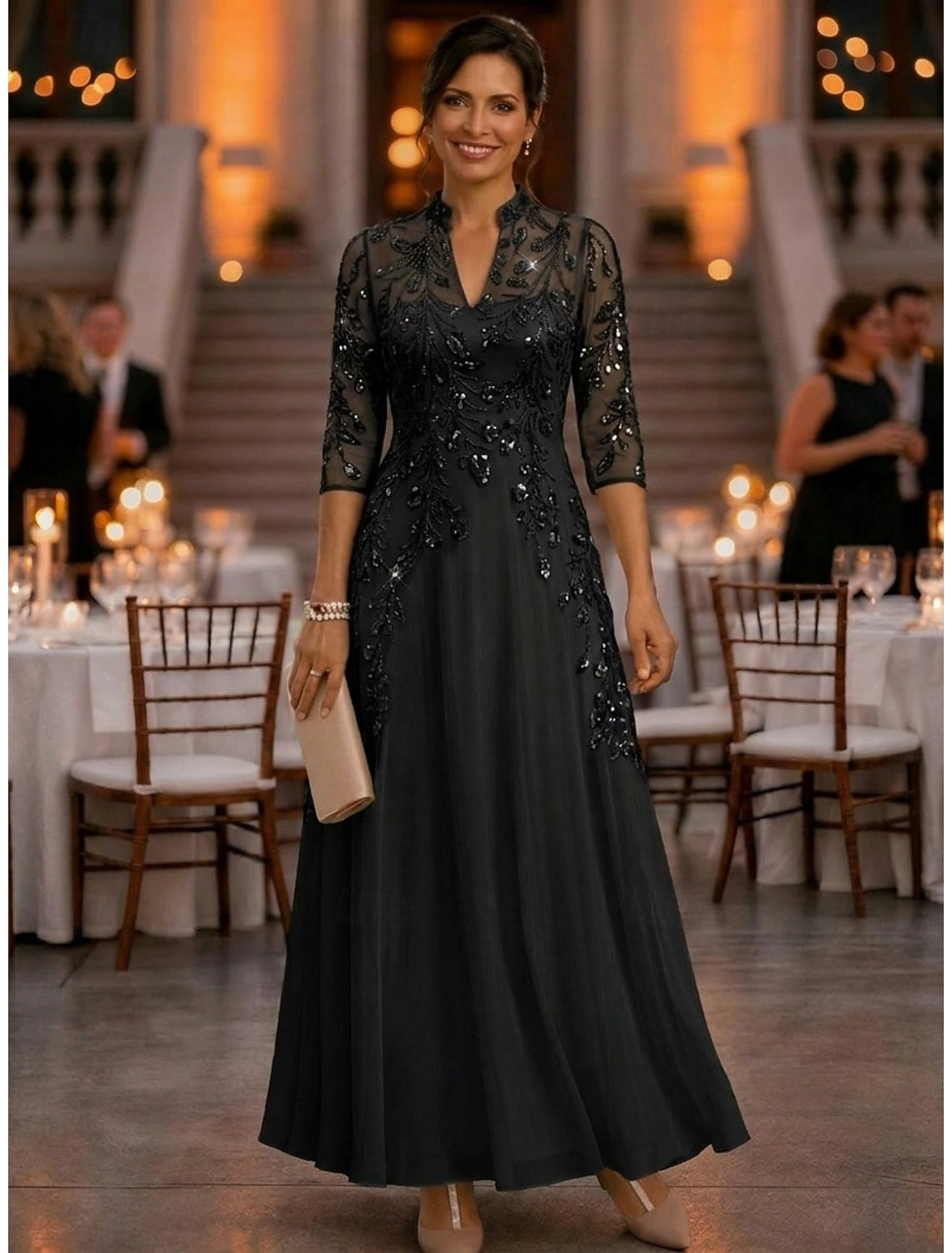 Champagne A-Line High Notch Neck Elbow Sleeve Illusion Back Floor-Length Mother Of The Bride Dress