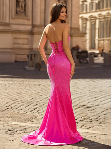 Dazzling Mermaid Strapless Rhinestone Maxi Cutout Evening Gown Prom Dress
