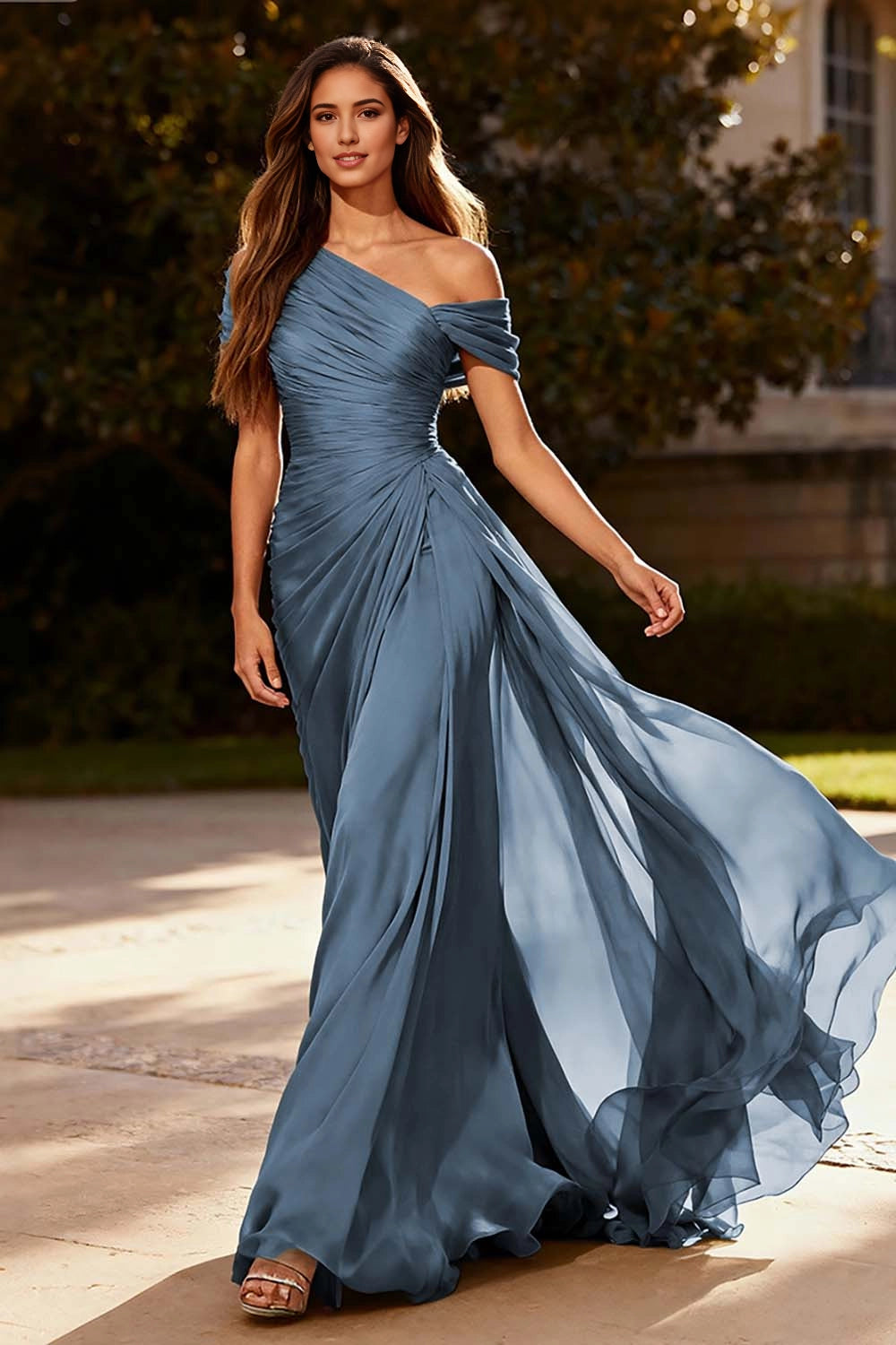 Flowy A-Line One Shoulder Off Shoulder Ruched Back Zip Maxi Wedding Guest Dress