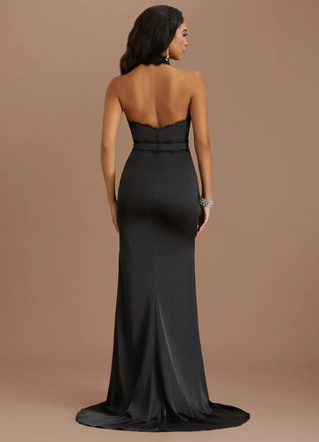 Refined Black Smooth-Finish Mermaid Halter Sleeveless Open Back Floor Length Evening Dress
