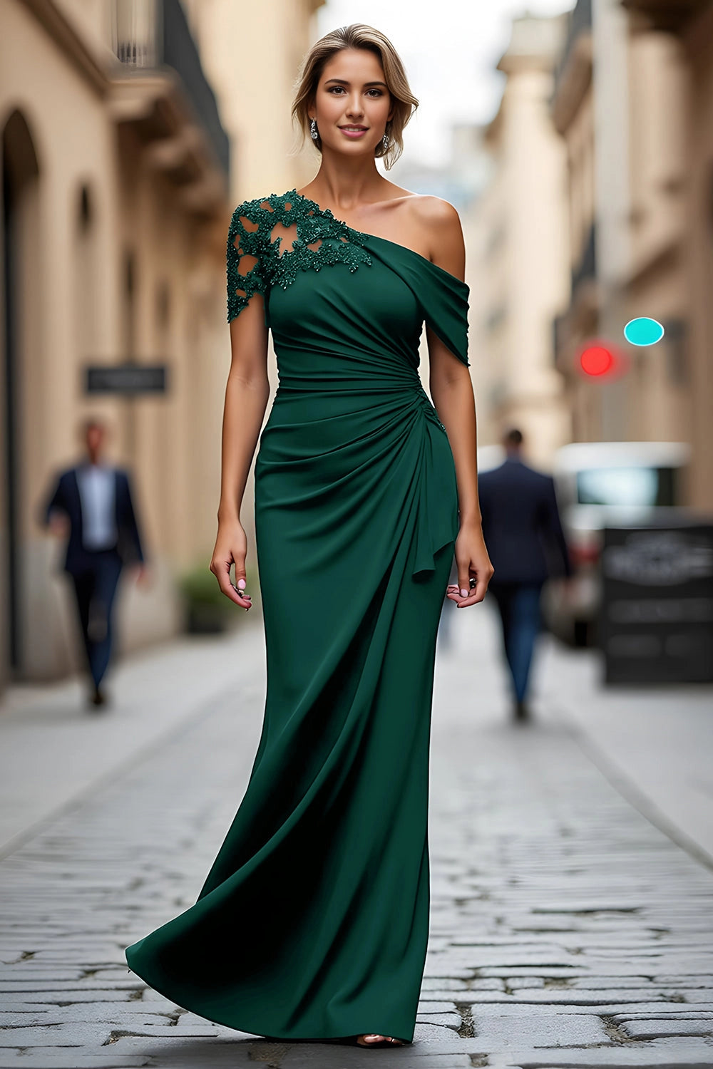 Mermaid One Shoulder Lace Sleeve Long Wedding Guest Dress