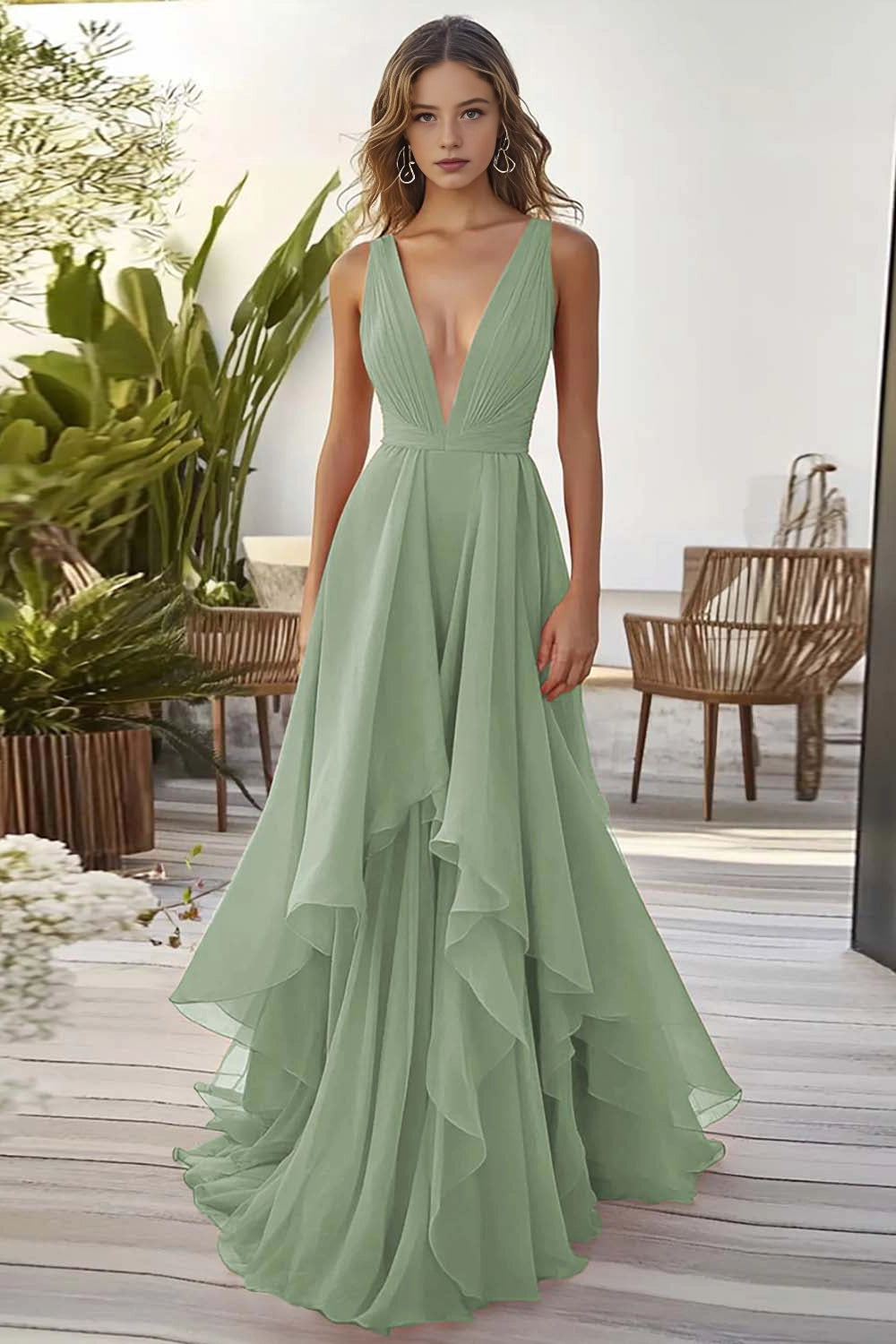 Flowy A Line Deep V Sleeveless Back Zip Train Maxi Wedding Guest Dress
