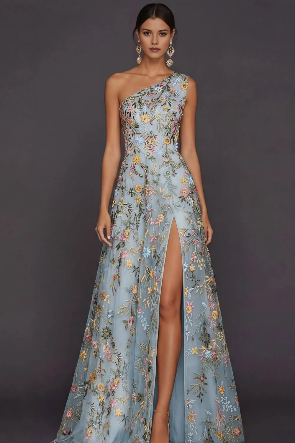 One Shoulder Multicolor Floral Embroidery Tulle A-Line Formal Gown with High Slit