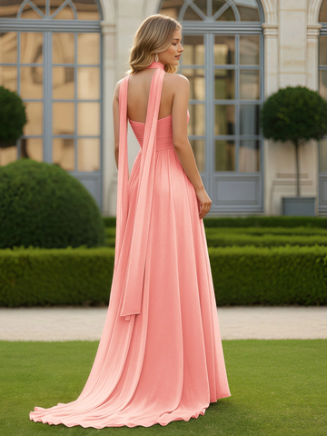 Vestido de noche de chifón con escote corazón y corte en A con faja tipo gargantilla y abertura alta - Vestido formal de graduación y dama de honor