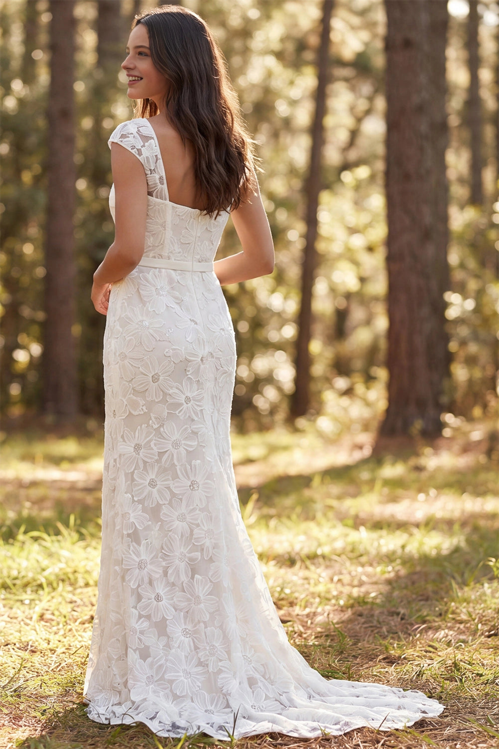 Vedress low open back daisy lace wedding dress cap sleeve sweep train forest outdoor view