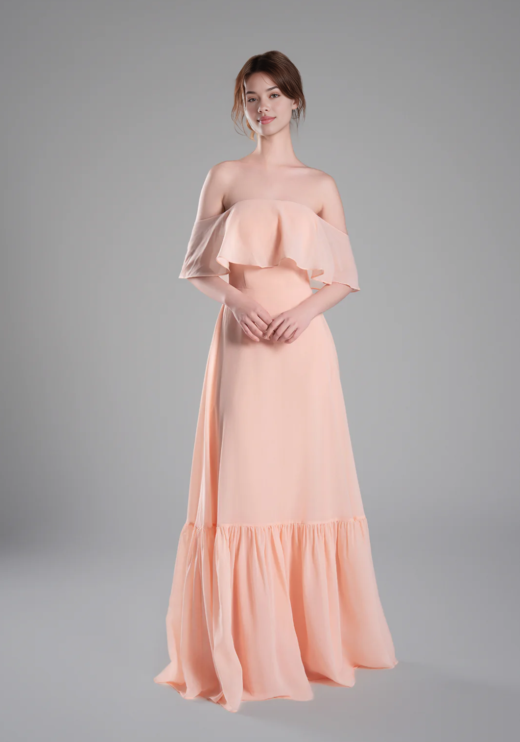 Elegant Tiered A-Line Chiffon Off-The-Shoulder Short Sleeve Open Back Bridesmaid Dresses