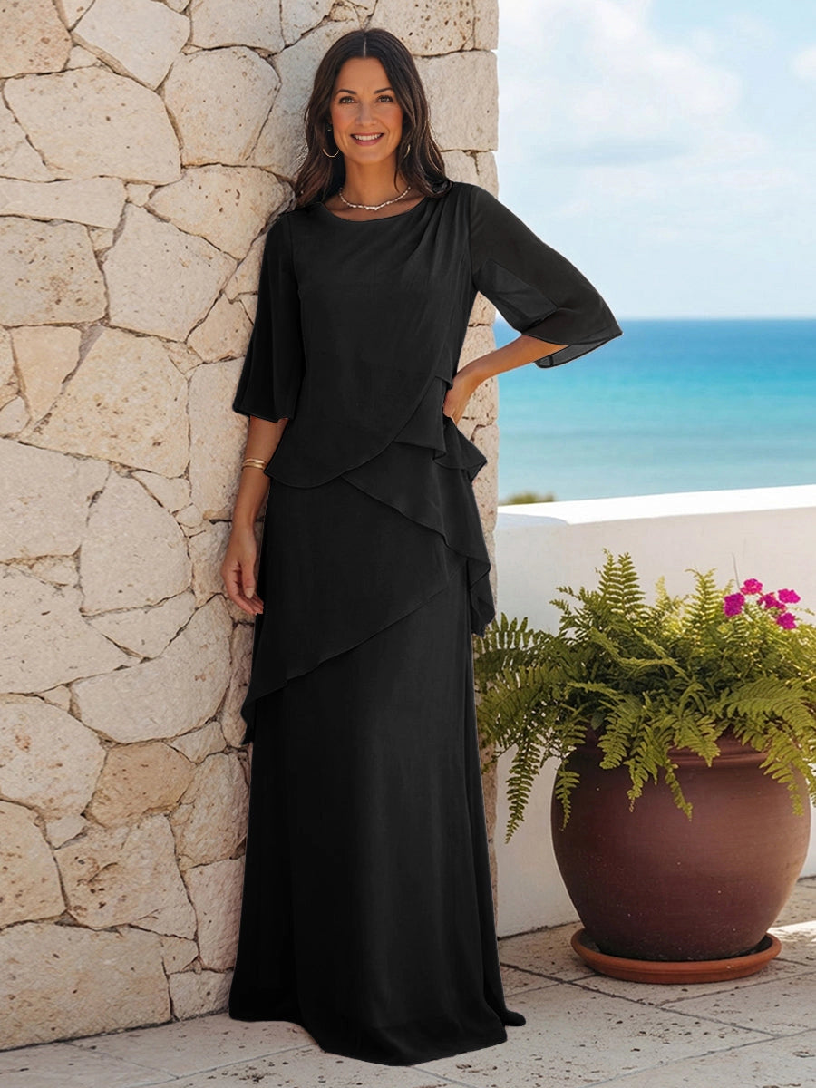 Elegant Pink A‑Line Round Neck Bell‑Sleeve Zip‑Back Floor‑Length Mother‑of‑the‑Bride Dress