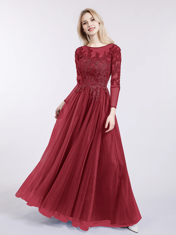 Round Neck Long Sleeve Lace Appliqué Tulle A-Line Floor-Length Bridesmaid Evening Dress
