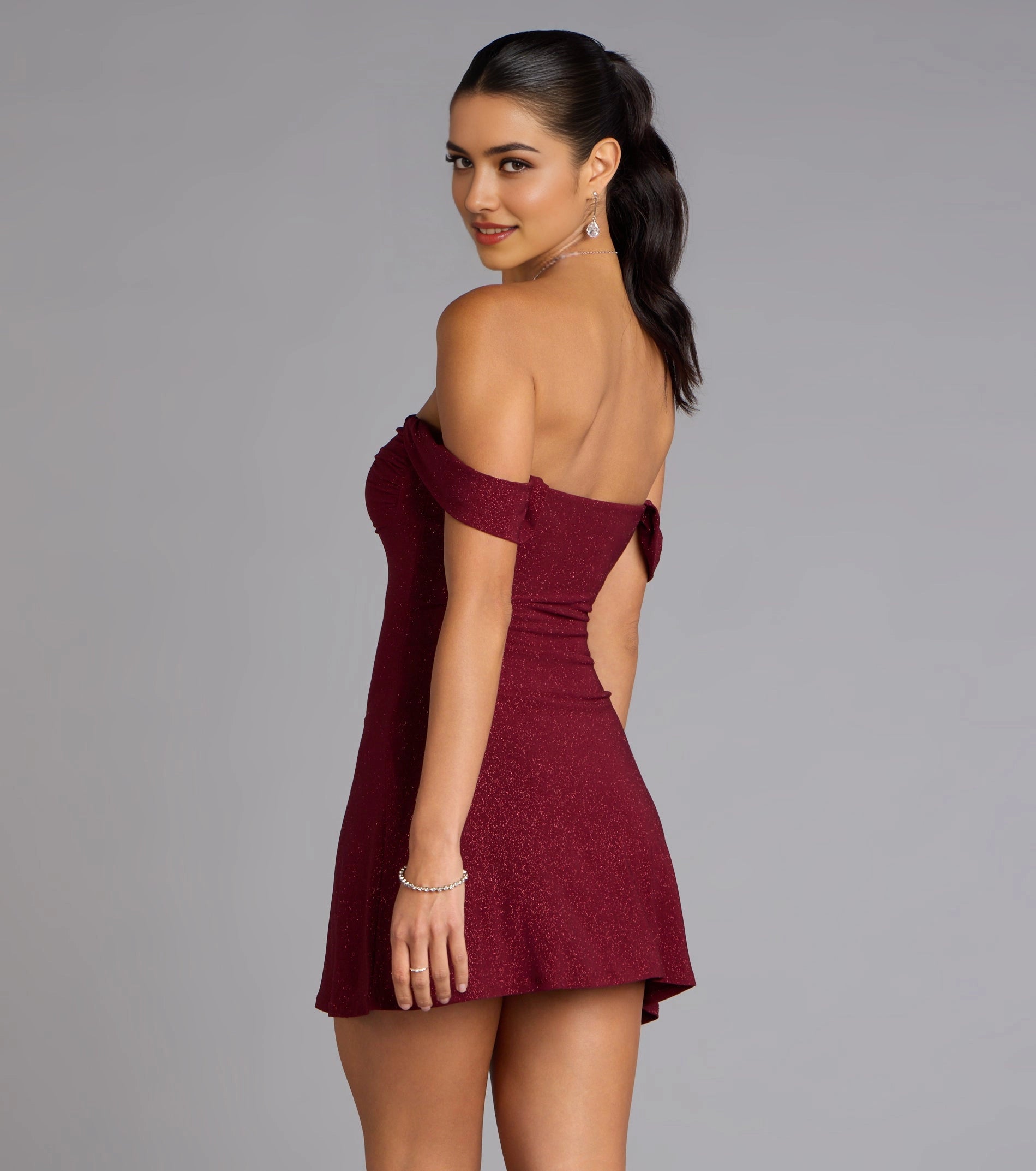 Emerald Glitter FitFlare OffShoulder PlainBack Ruched Mini Homecoming Dress
