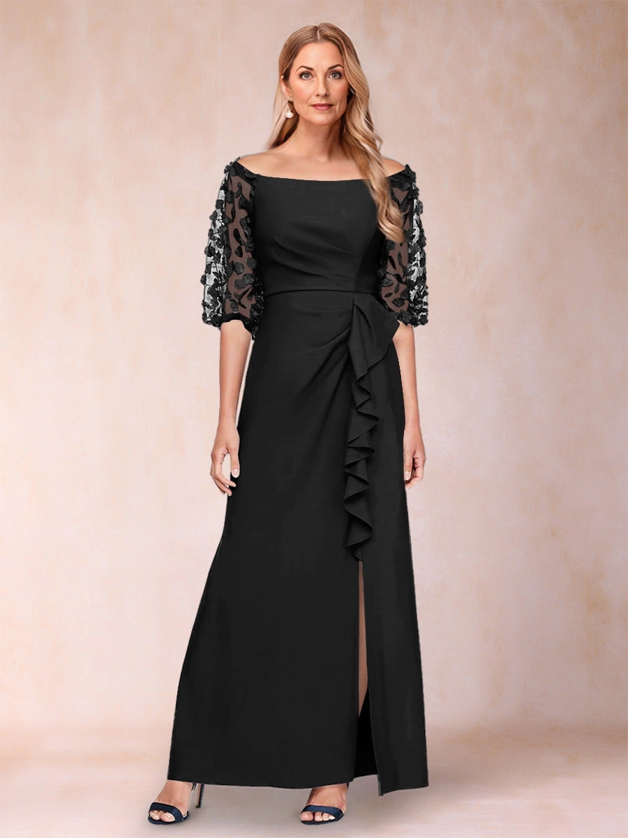 Elegant A Line Off The Shoulder 3D Floral Sleeves Zip Back Floor Length Mother Of The Bride Dress