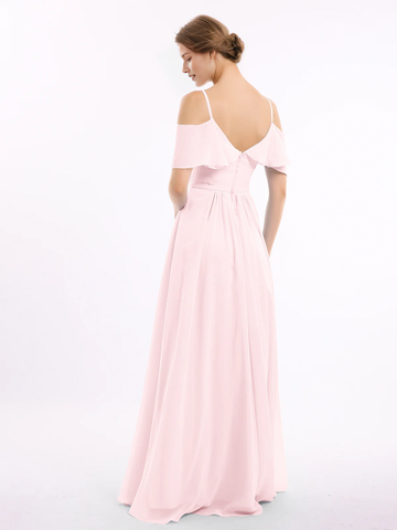 Cold Shoulder Ruffle V-Neck Chiffon A-Line Maxi Bridesmaid Dress with Pockets