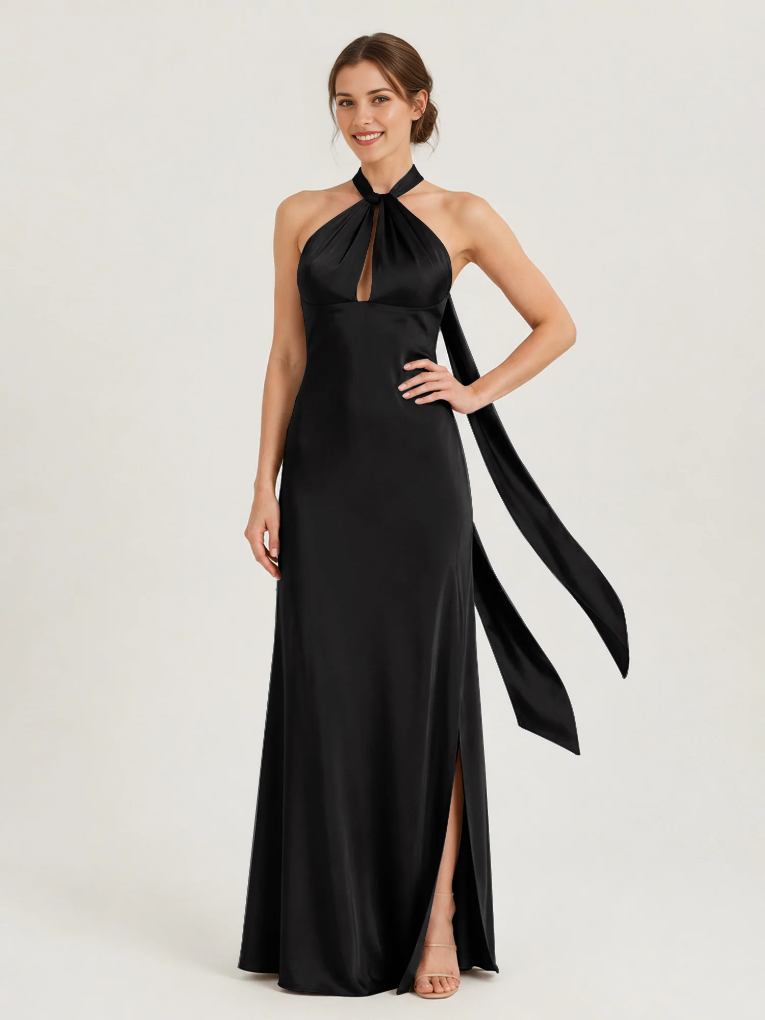Vestido largo de dama de honor con hombros descubiertos, escote corazón, cintura plisada de tul y lazo en la espalda.