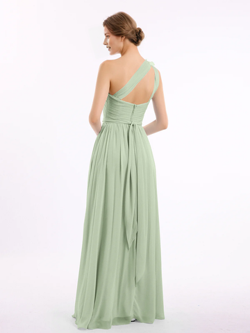 One Shoulder 3D Flower Ruched Chiffon Bridesmaid Maxi Dress with Pockets & Open Back Sash