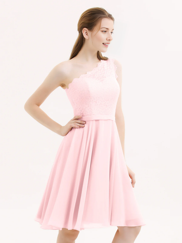 One Shoulder Lace Top A-Line Knee-Length Chiffon Bridesmaid Homecoming Short Dress
