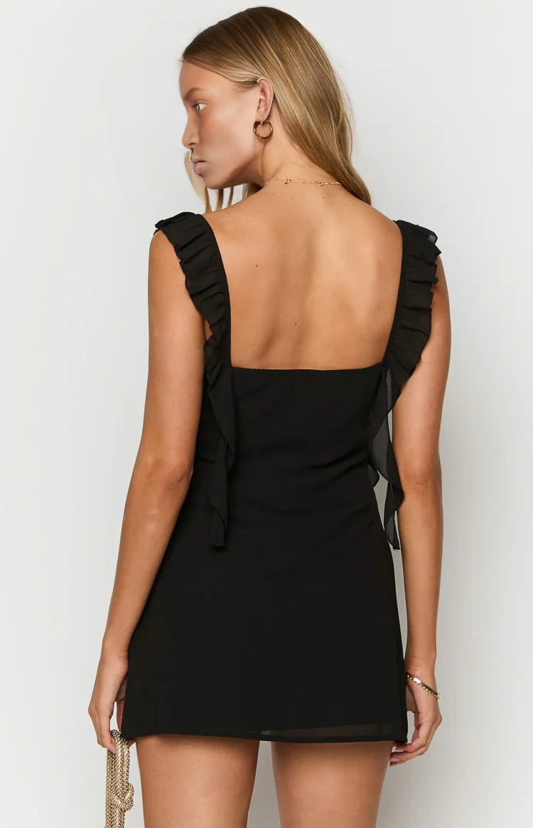 A-line bow ruffle strap plain back mini homecoming dress