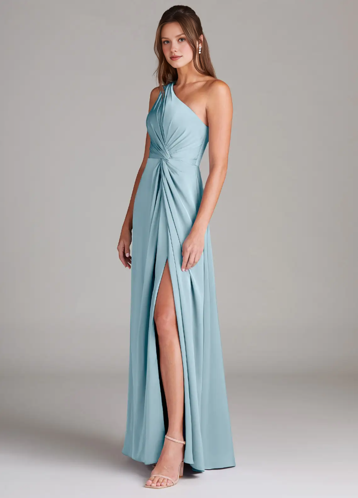 Elegant One-Shoulder Satin Evening Gown Party Wedding Guest Dresses with High Slit and Draped Waist Detail