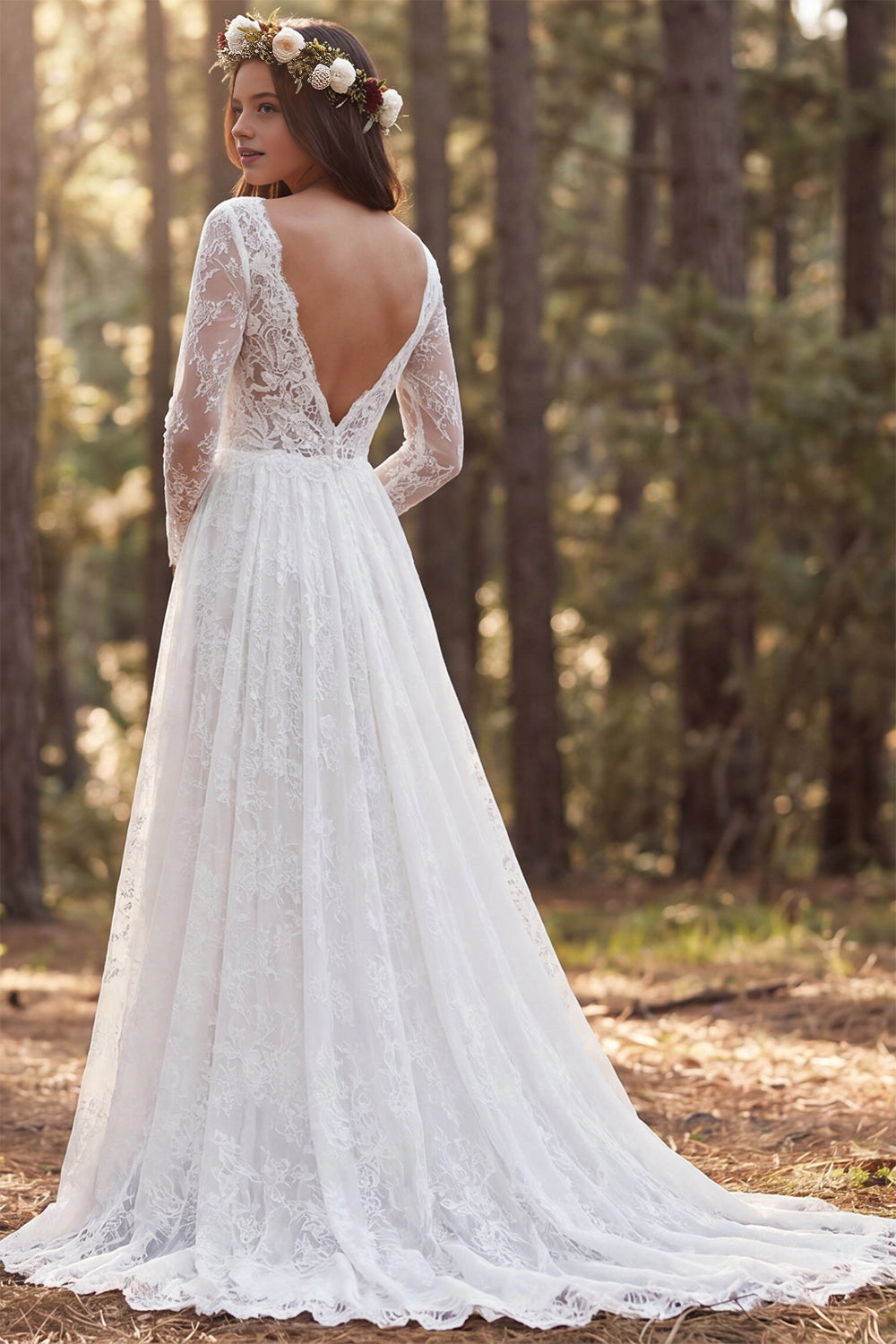 Vedress deep v open back floral lace wedding dress sheer long sleeve train forest backdrop