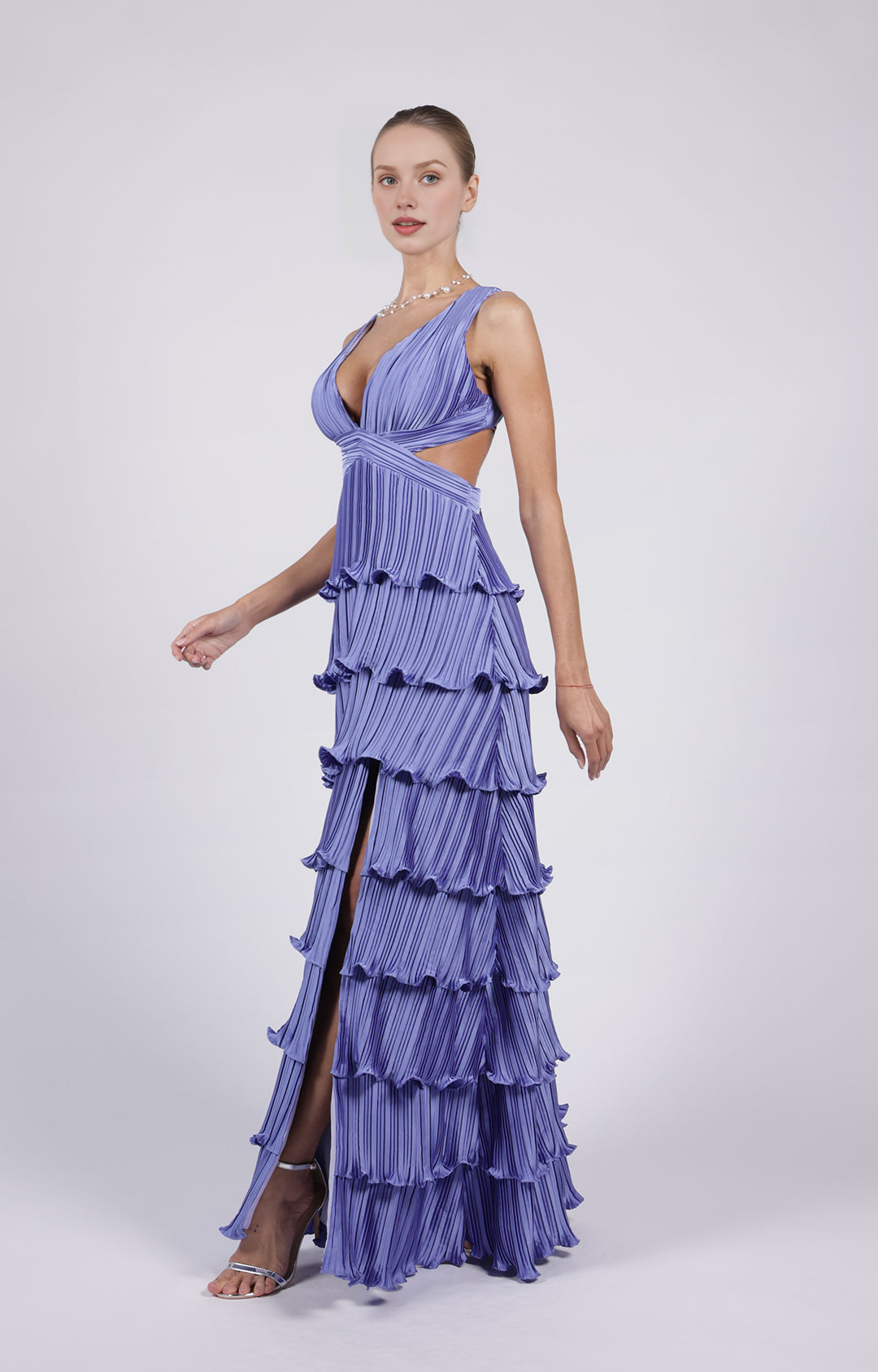 Glamorous Tiered A-Line Deep V-Neck Sleeveless Open Back Floor-Length Evening Gown