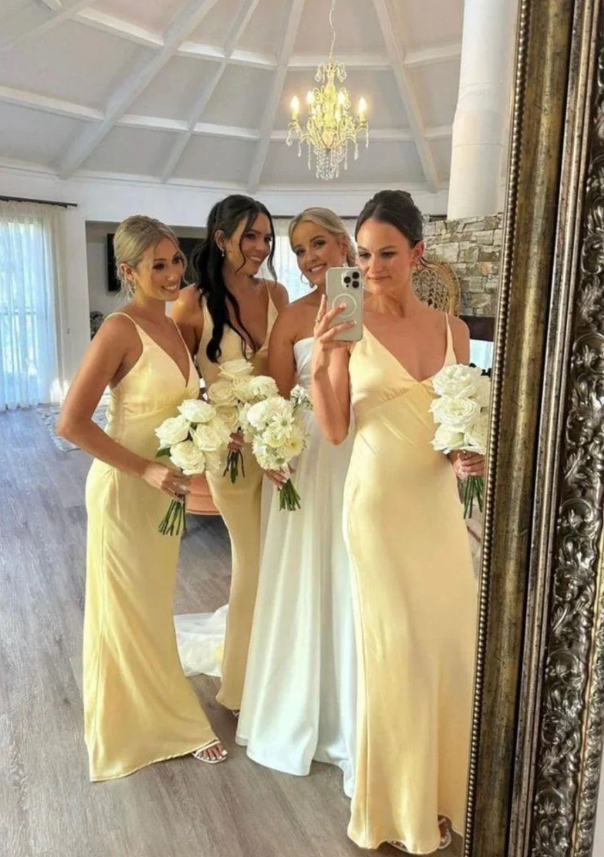 Elegant Matching Satin Bridesmaid Dresses with Deep V-Neck and Spaghetti Straps Charming Mermaid Evening Gown