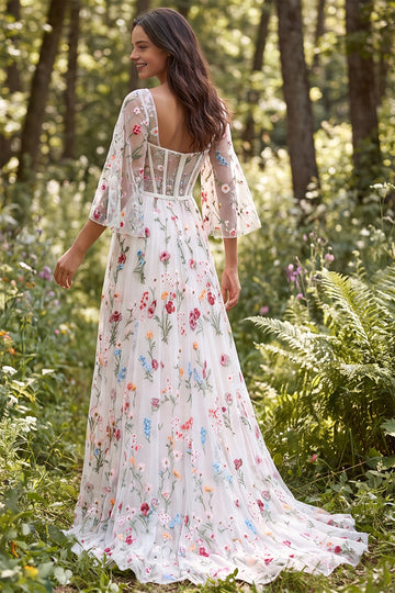 Vedress sheer open back floral tulle gown corset bodice train forest back view