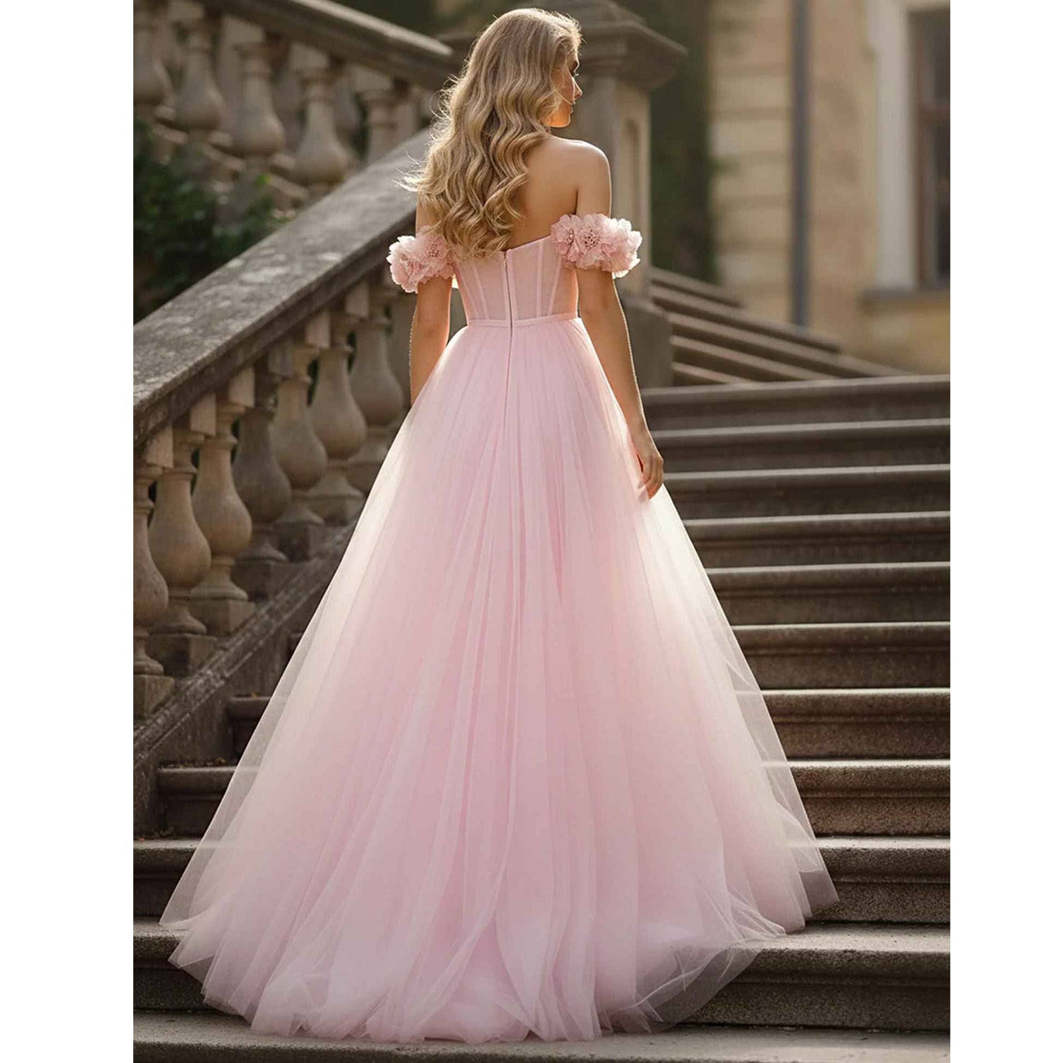 Vestido de fiesta de tul con flores en 3D y escote Bardot con abertura alta - Vestido formal rosa empolvado para invitadas de boda