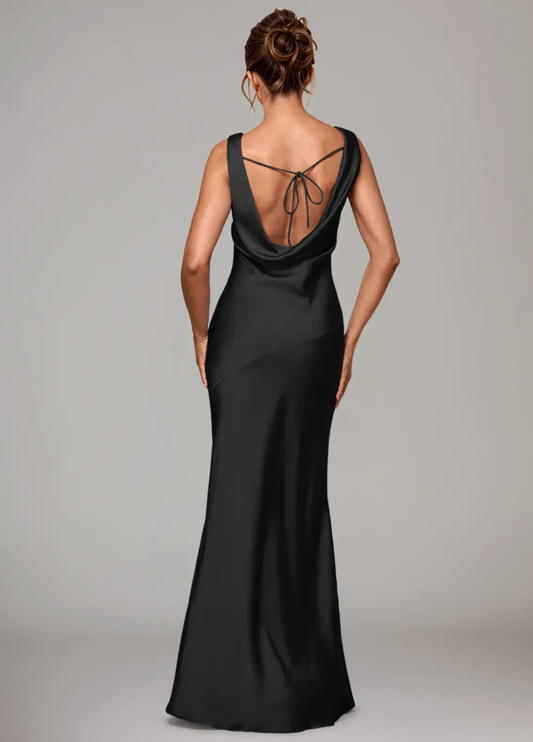 Elegant Mermaid Satin Cowl Neck Long Sleeveless Bridesmaid Dresses with Low Back Detail Evening Gown
