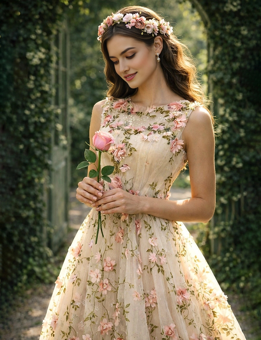 Champagne Floral ALine Round Sleeveless KeyholeBack Midi Prom Dress